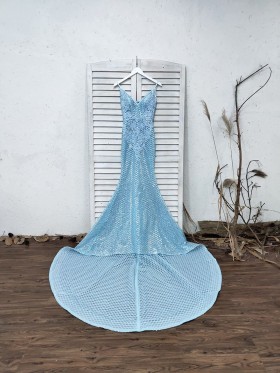 sky blue rhombus pattern sequin prom dress