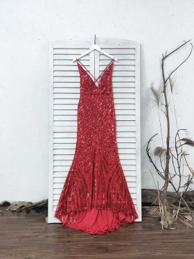 sparkly red striped sequin plunging neckline open back prom dress with spaghetti straps