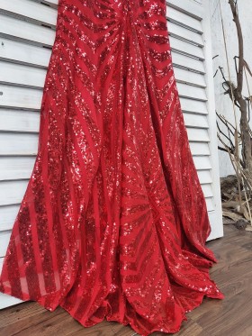 sparkly red striped sequin prom dress