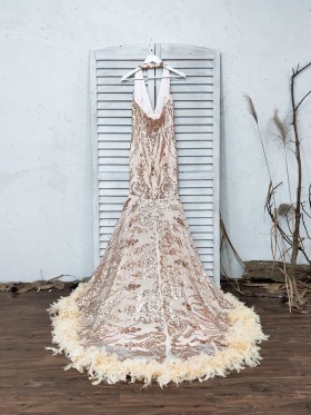 sparkly rose gold sequin prom dress with feather train sparkly rose gold sequin prom dress with feather train