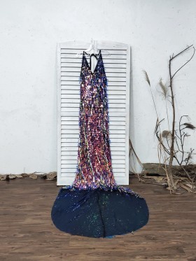 sparkly shiny rainbow sequin long prom dress