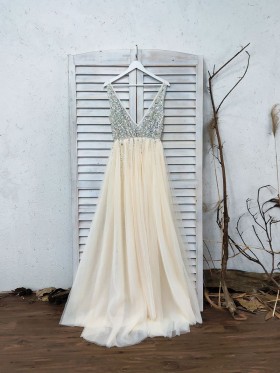 beaded bodice champagne tulle A line prom dress