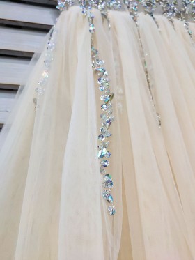 beaded champagne tulle A line prom dress beaded champagne tulle A line prom dress