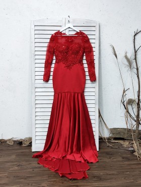 beaded illusion red lace and satin long sleeve prom dress beaded illusion red lace and satin long sleeve prom dress