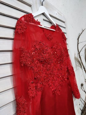 beaded red illusion lace and satin long sleeve dress