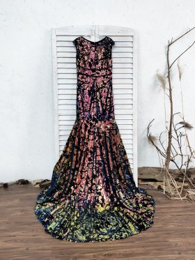 bedazzled galaxy sequin on black mesh prom dress