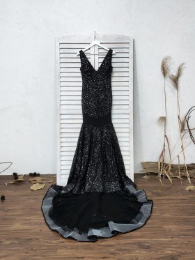 black striated sequin with sheer detail mermaid long prom dress