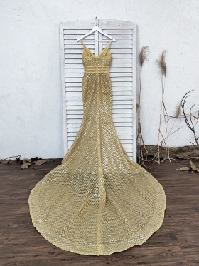 gold rhombic shaped grid sequin long train prom dress gold rhombic shaped grid sequin long train prom dress