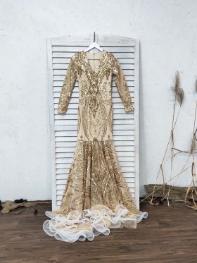 gold sequin long sleeve mermaid prom dress with flounced hemline