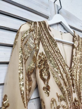 gold sequin long sleeve prom dress