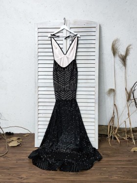 open back black patterned sequin mermaid long prom dress
