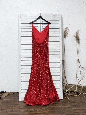 open back red linear sequin long prom dress