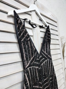 plunging neckline black patterned sequin dress