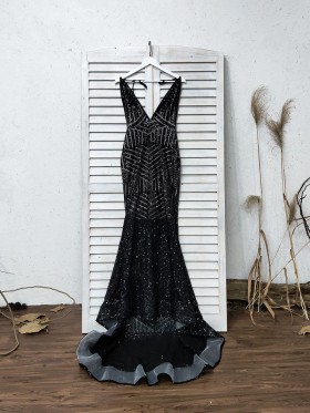 plunging neckline black patterned sequin mermaid long prom dress