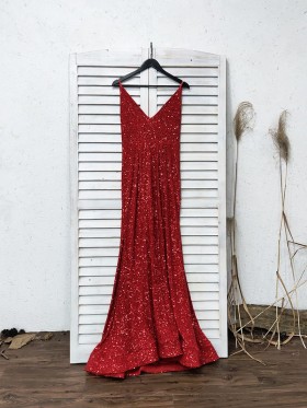 red linear sequin long prom dress