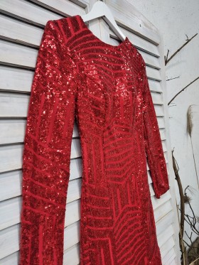 red sequin long sleeve jewel neckline prom dress