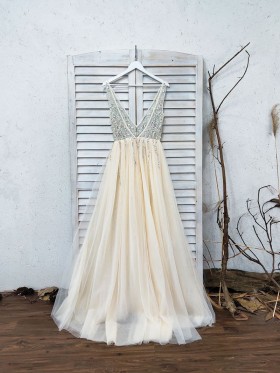 sexy sheer champagne tulle A line prom dress sexy sheer champagne tulle A line prom dress