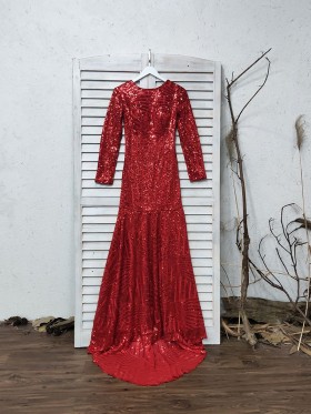 sparkly stripe pattern red sequin long sleeve jewel neckline prom dress