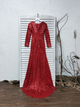 stripe pattern red sequin long sleeve prom dress