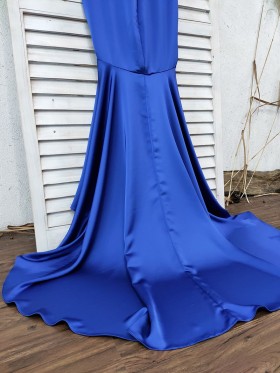 blue satin trumpet long prom dress