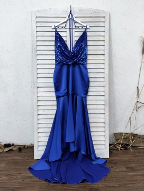 blue sequin and satin trumpet long prom dress