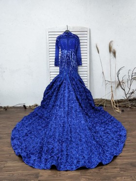 cobalt blue diamond decorated 3D rosettes long train prom dress