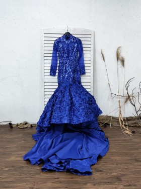 cobalt blue diamond decorated long sleeve 3D rosettes long train prom dress