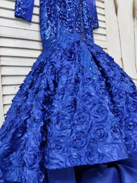 cobalt blue diamond decorated long sleeve 3D rosettes prom dress