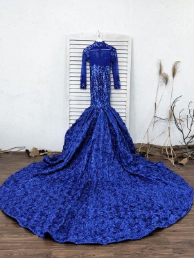 cobalt blue long sleeve 3D rosette prom gown with long train