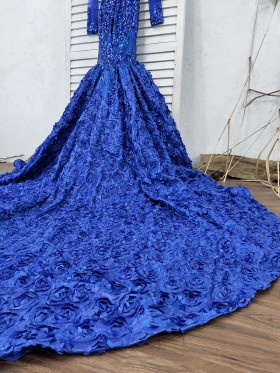 diamond beaded cobalt blue 3D rosette prom gown with long train