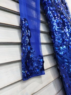 diamond beaded cobalt blue long sleeve 3D rosette prom gown diamond beaded cobalt blue long sleeve 3D rosette prom gown