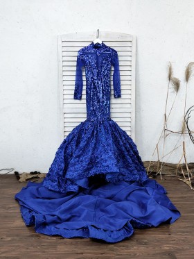 diamond beaded cobalt blue long sleeve 3D rosette prom gown with long train