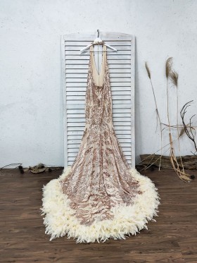 gold sequin and feather long train prom dress
