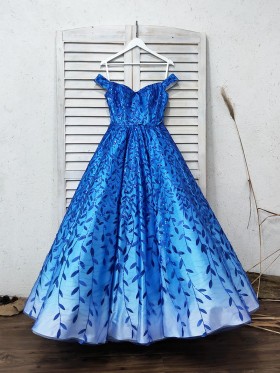 leaf sequin embellished blue to white ombre ball gown