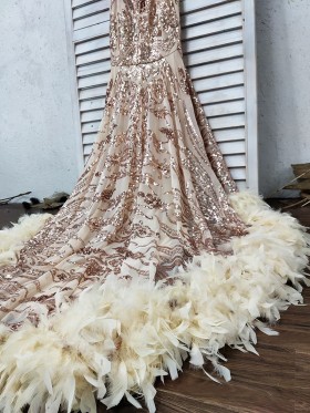 long train with feather hemline