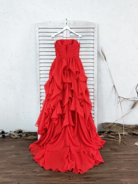 ruffled red chiffon long dress