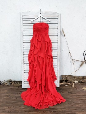 ruffled red chiffon long prom dress