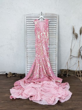 scaled pink big sequin long prom dress
