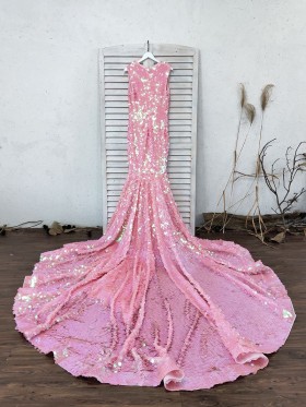 scaled pink big sequin long train prom dress