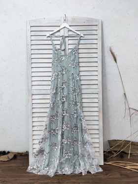 silver sequin lace appliqued overlay prom dress