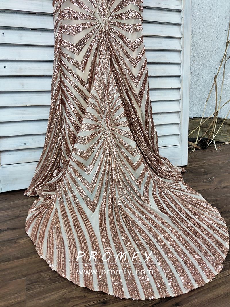 Promfy Fancy Striped Gold Sequin Long Prom Dress