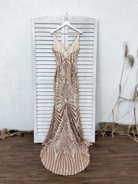 spider web patterned gold sequin prom dress