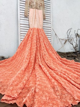 sunset 3D rosettes long train dress