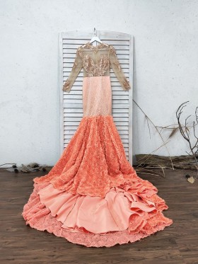 sunset 3D rosettes long train prom dress sunset 3D rosettes long train prom dress