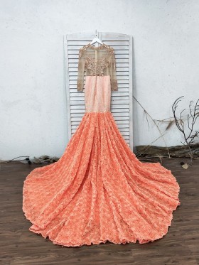 sunset sequin glitter and 3D rosettes long train prom dress