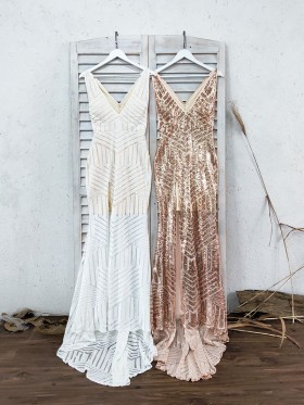 white gold sequin V neckline and V back dresses