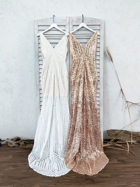 white gold sequin V neckline and V back long prom dresses