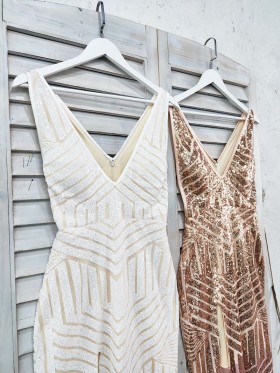 white gold sequin V neckline and V back prom dresses