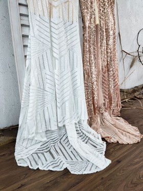 white gold sequin long prom dresses