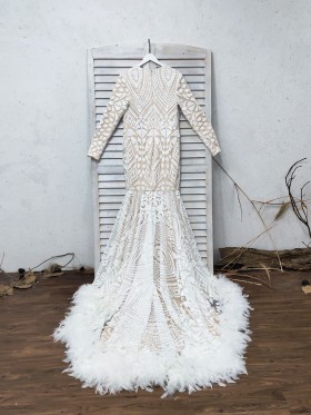 white sequin and feather long sleeve mermaid dress white sequin and feather long sleeve mermaid dress